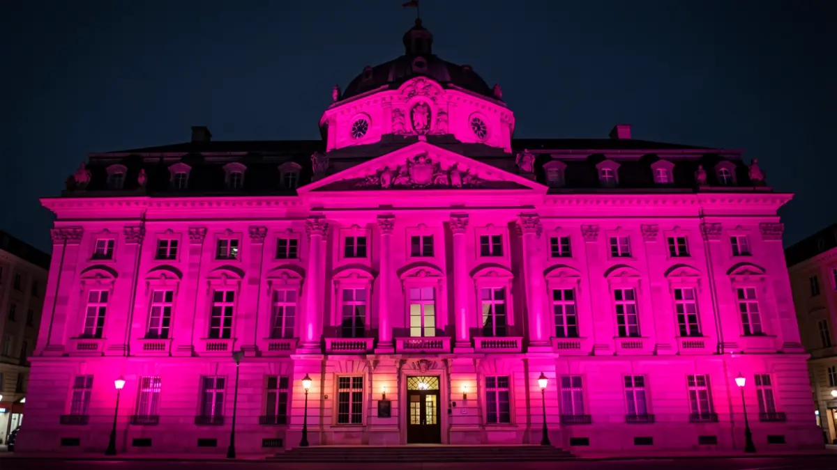 Vitoria-Gasteizko Udaletxeko fatxada fucsia argiztatuta gauean.