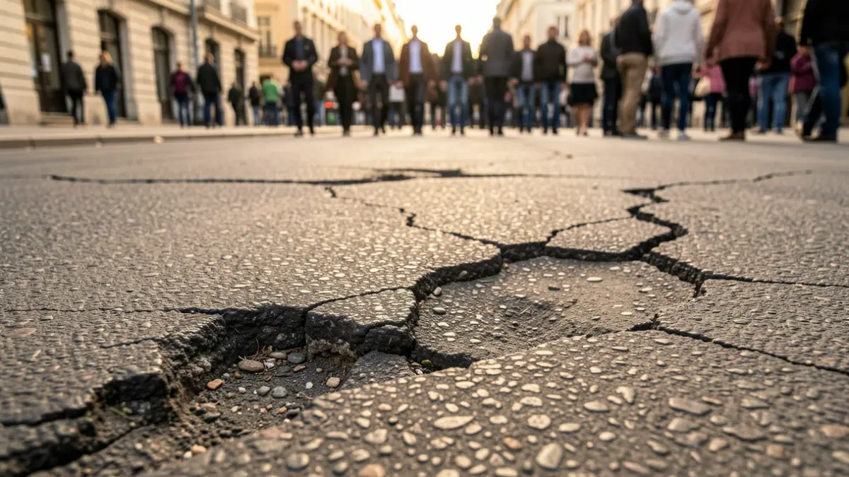 Asfaltuaren ehunduraren hurbileko irudia, pitzadurak eta akatsak ikusgai, argi lauso eta epelean. Konponketa behar duen gainazal hondatuan fokua.