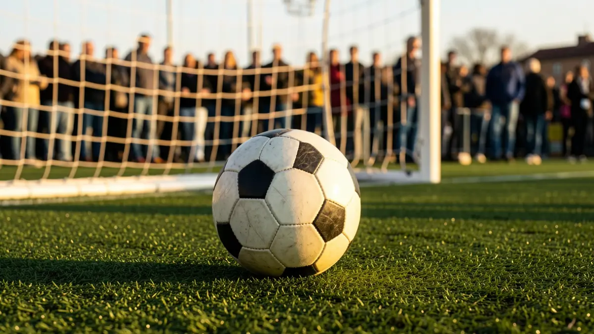 Imagen de primer plano de un balón de fútbol sobre césped artificial verde recién cortado, red de portería blanca desenfocada al fondo, luz de la hora dorada.