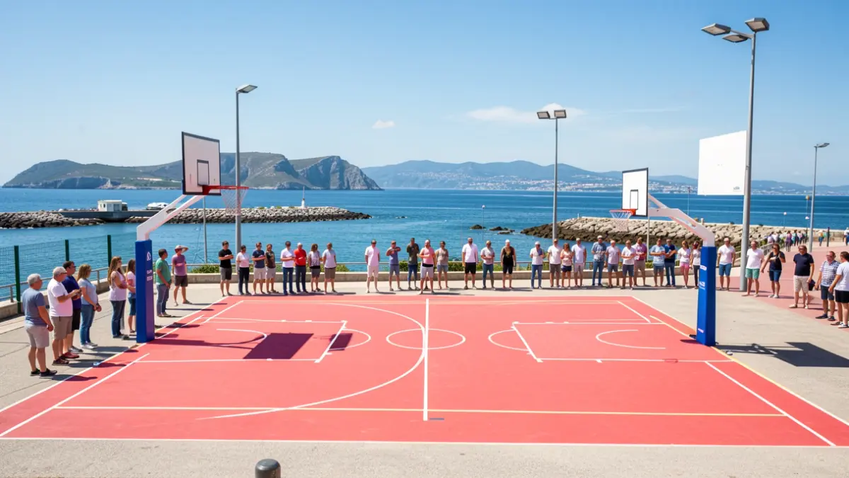 Imagen genérica: Pista de baloncesto instalada en el paseo marítimo de Zarautz, con el mar Cantábrico al fondo y cielo despejado de verano.