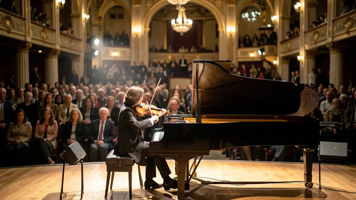 Generic image of musicians and instruments in a concert hall.