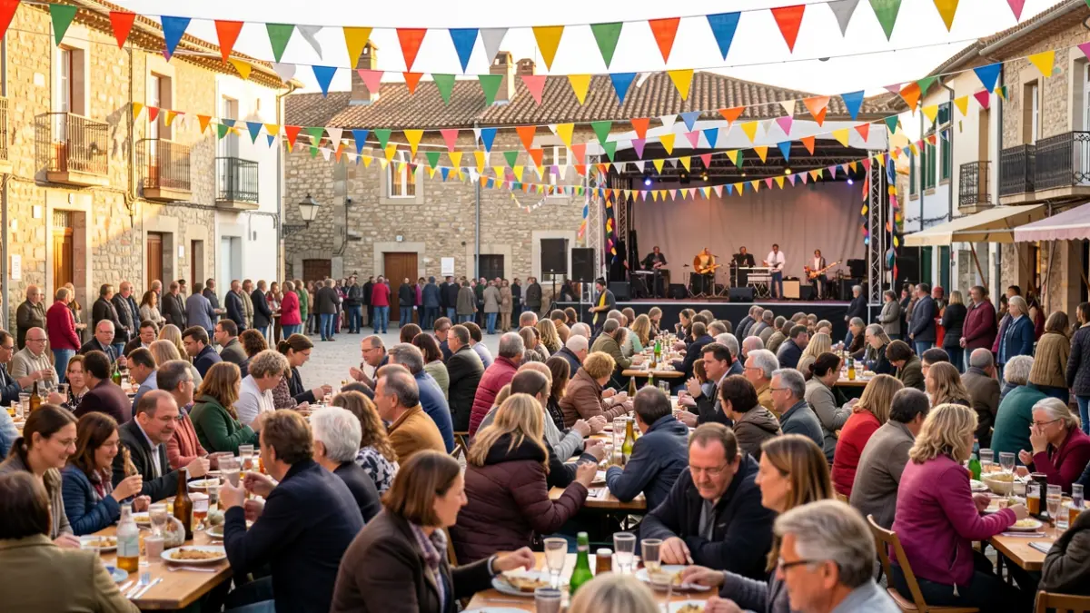 Una plaza de Zarautz en ambiente festivo, con mucha gente en una comida y un escenario al fondo.
