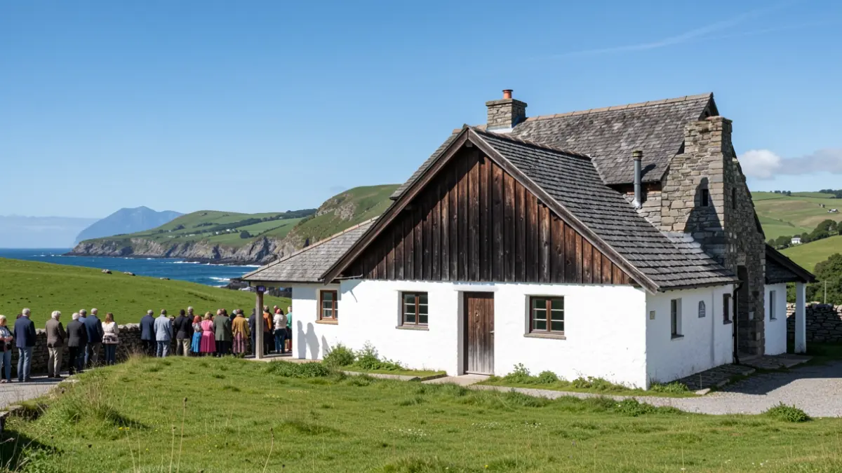 Traditional Basque rural houses in a green setting with coast.