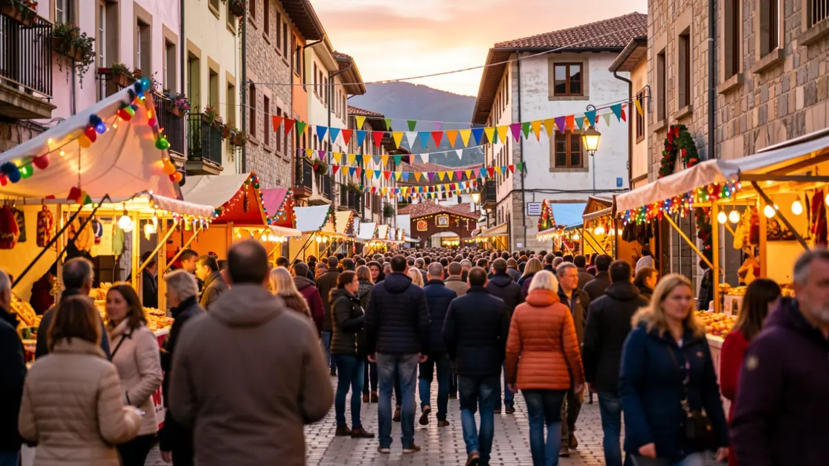 Imagen genérica de una escena callejera festiva, con decoraciones coloridas y arquitectura tradicional.