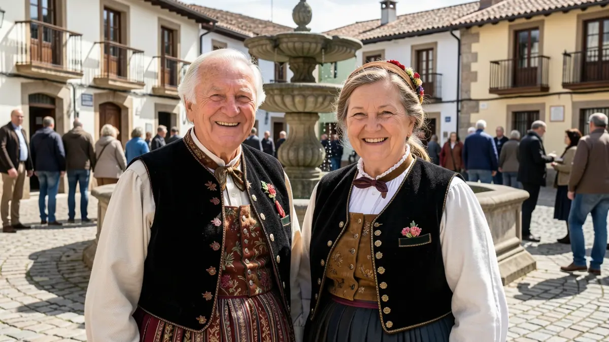 Imagen genérica: Pareja vasca mayor, vestida de forma tradicional, en una plaza.