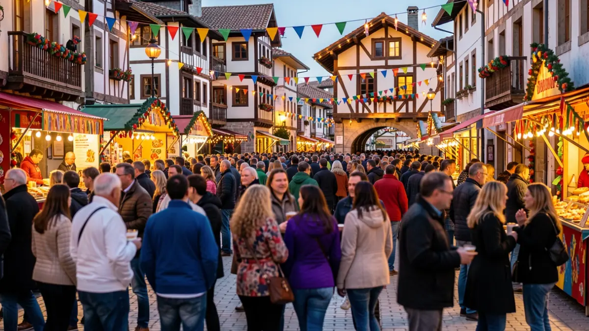 Generic image of a festive town square with colorful decorations and people enjoying themselves.