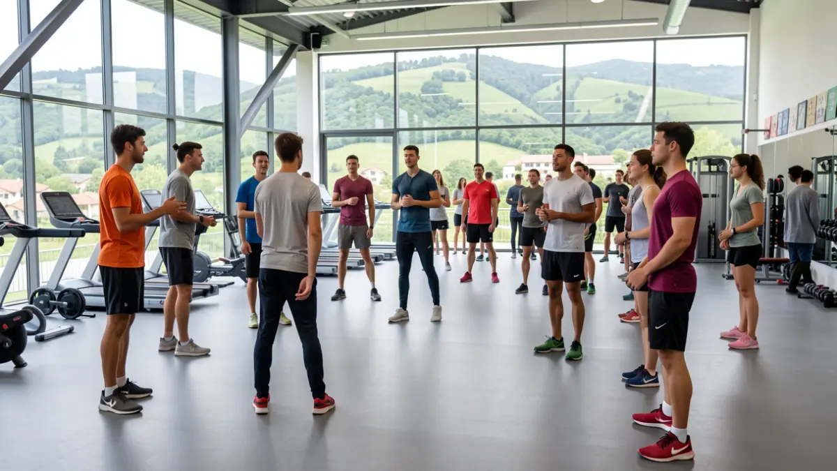 A group of young adults participating in a sports training session in a modern gymnasium in the Basque Country.