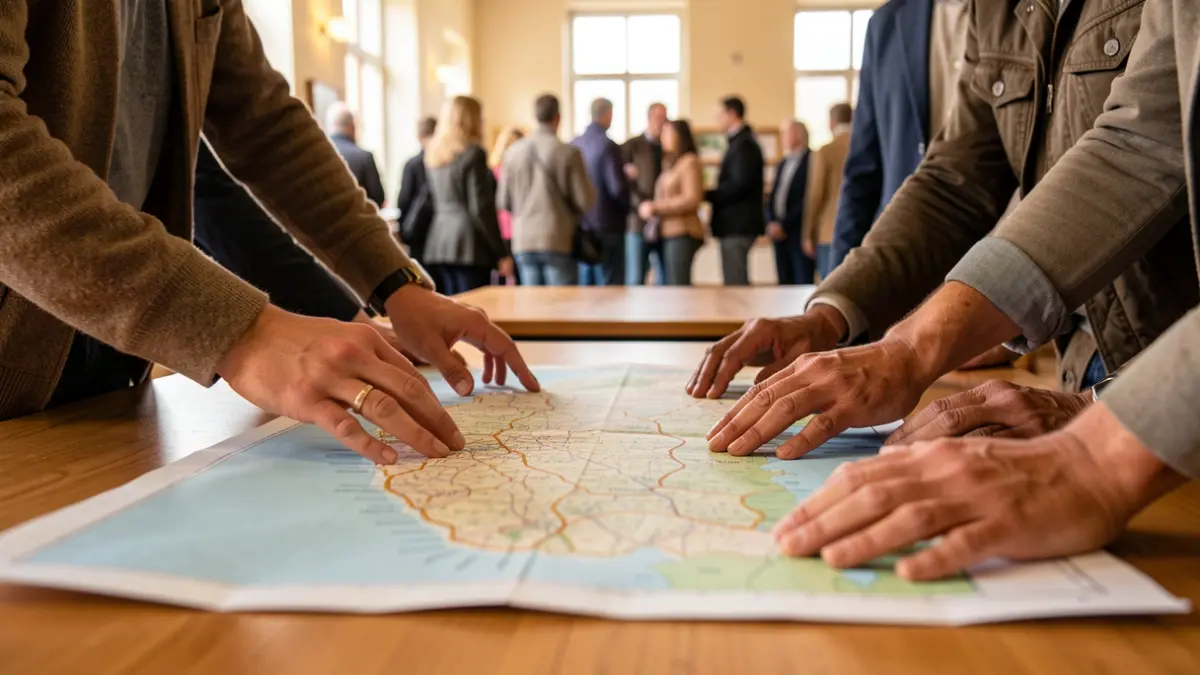 Hands working on a map, representing community inclusion projects.