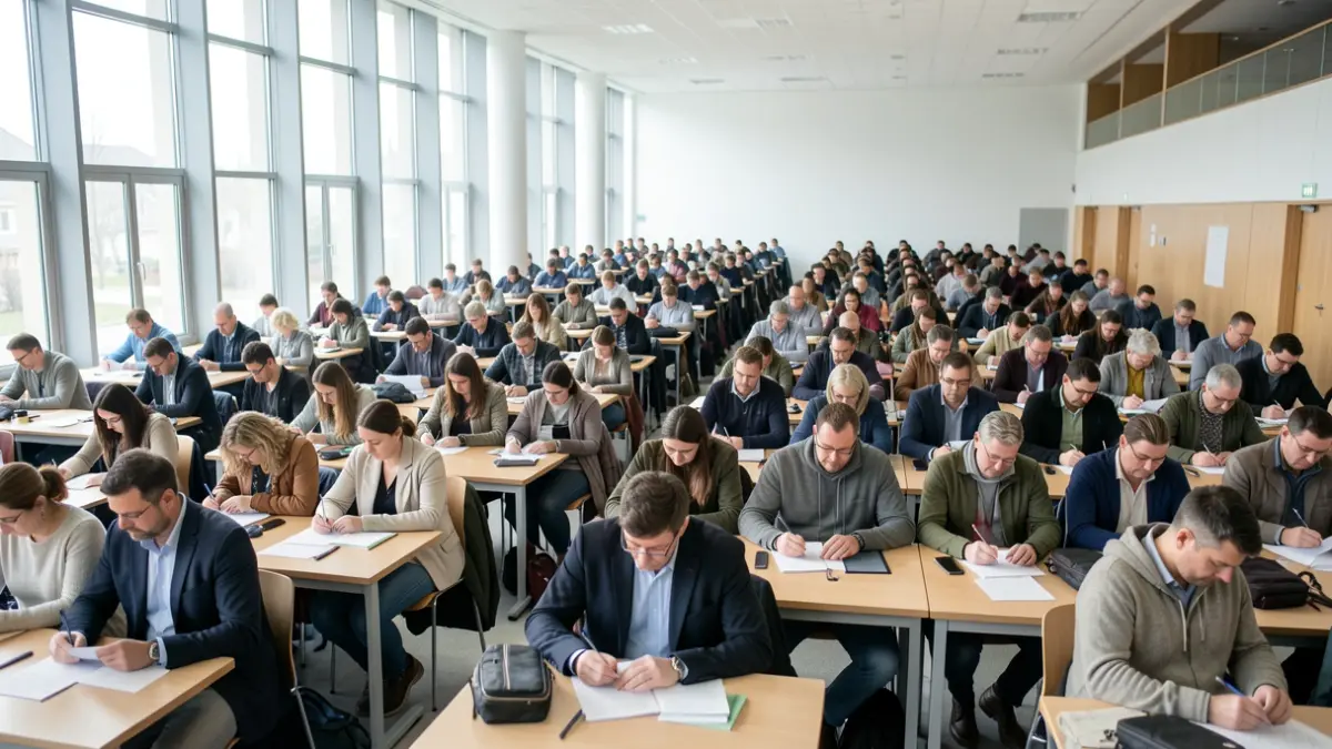 Imagen genérica: Una sala de exámenes moderna y grande en Euskadi, con cientos de personas sentadas en mesas, concentradas en sus papeles.