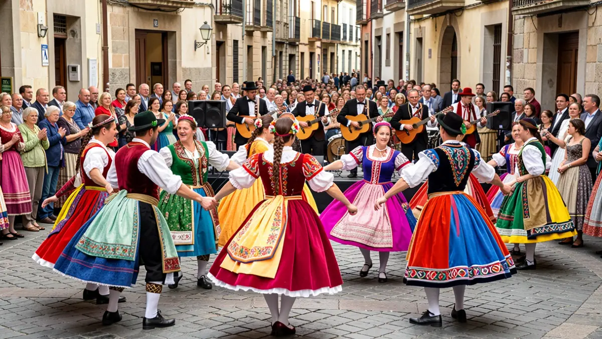 Parejas de danza vasca bailando fandango y arin-arin, acompañadas por una banda de txistularis y trikitilaris.