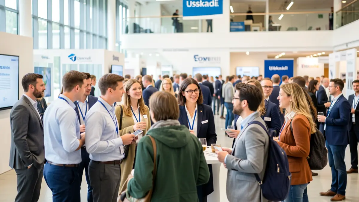 Generic image of professionals and students interacting in a modern exhibition hall, with blurred company logos in the background.