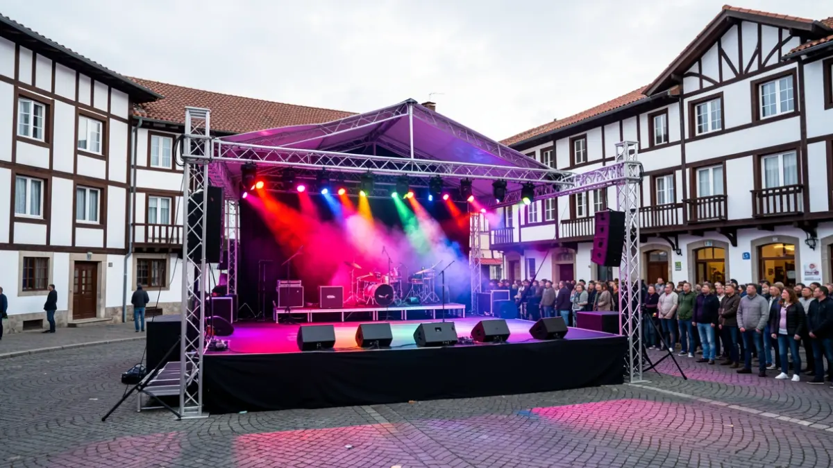 Generic image: A stage set up for a music festival in a Zarautz square, with colorful lights.