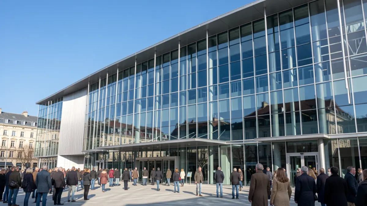 Generic image: Facade of a modern congress center with glass and metal elements, reflecting a clear blue sky.
