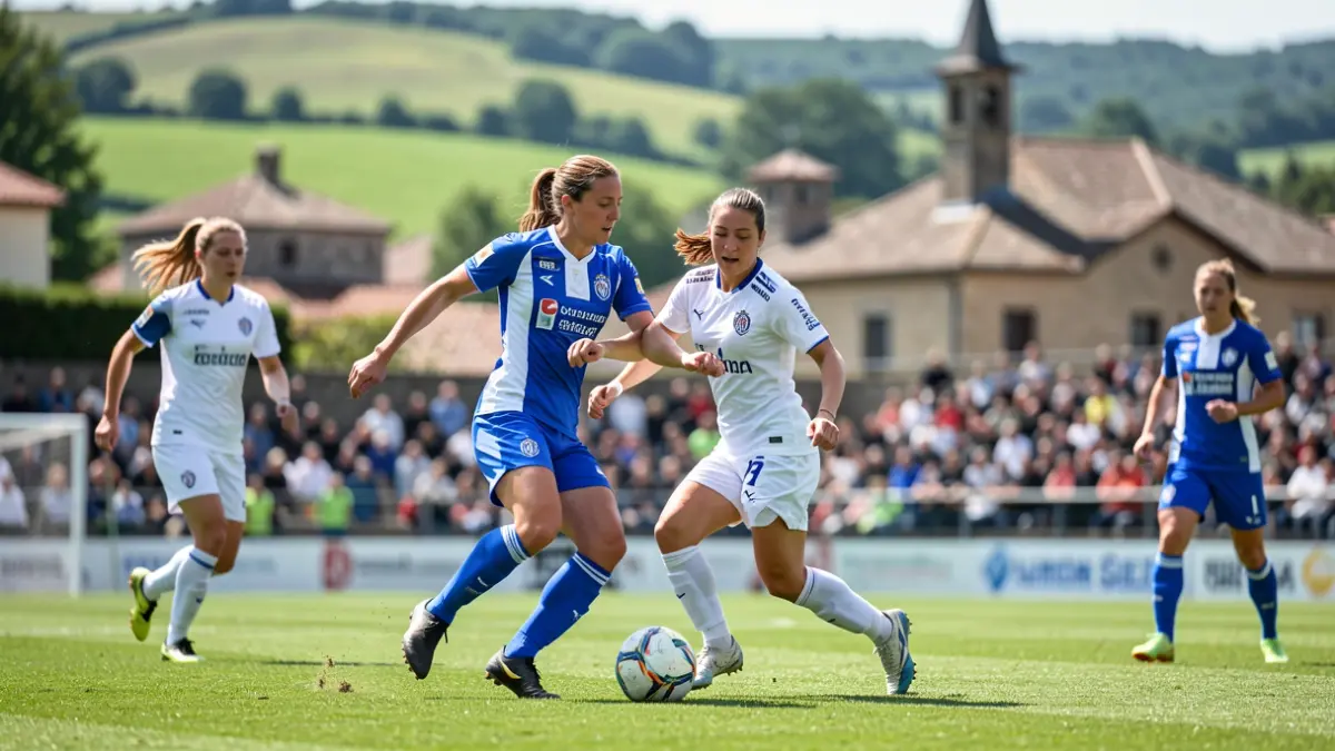 Partido de fútbol femenino en curso en un campo verde del País Vasco, con jugadoras en equipaciones azul y blanco, fondo difuminado de colinas verdes y arquitectura tradicional vasca, luz diurna.