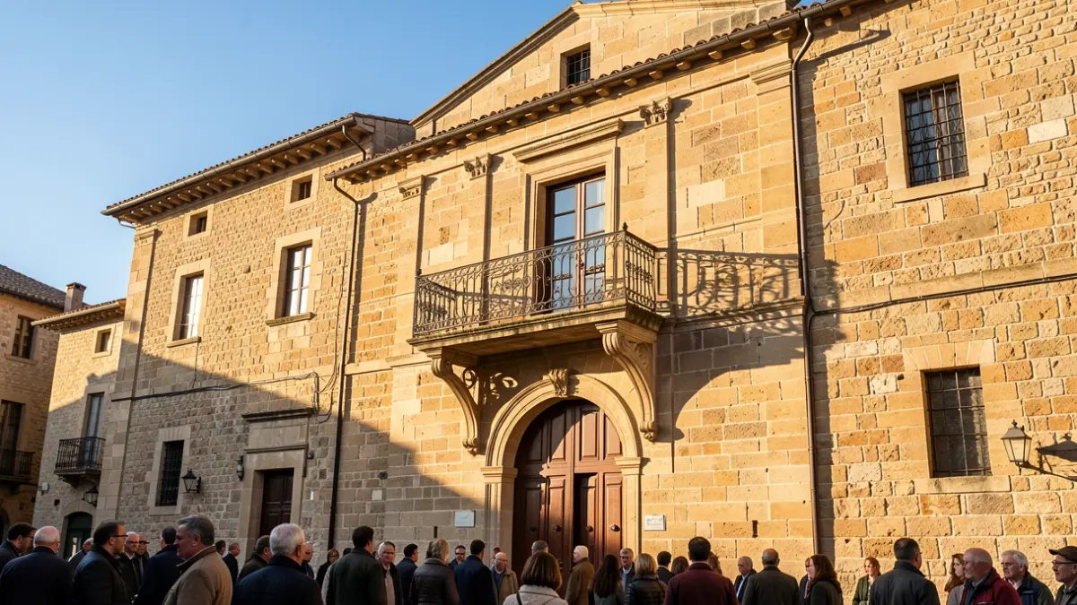 Generic image: Stone facade of the Vitoria-Gasteiz town hall with an ornate balcony, in the afternoon sunlight.