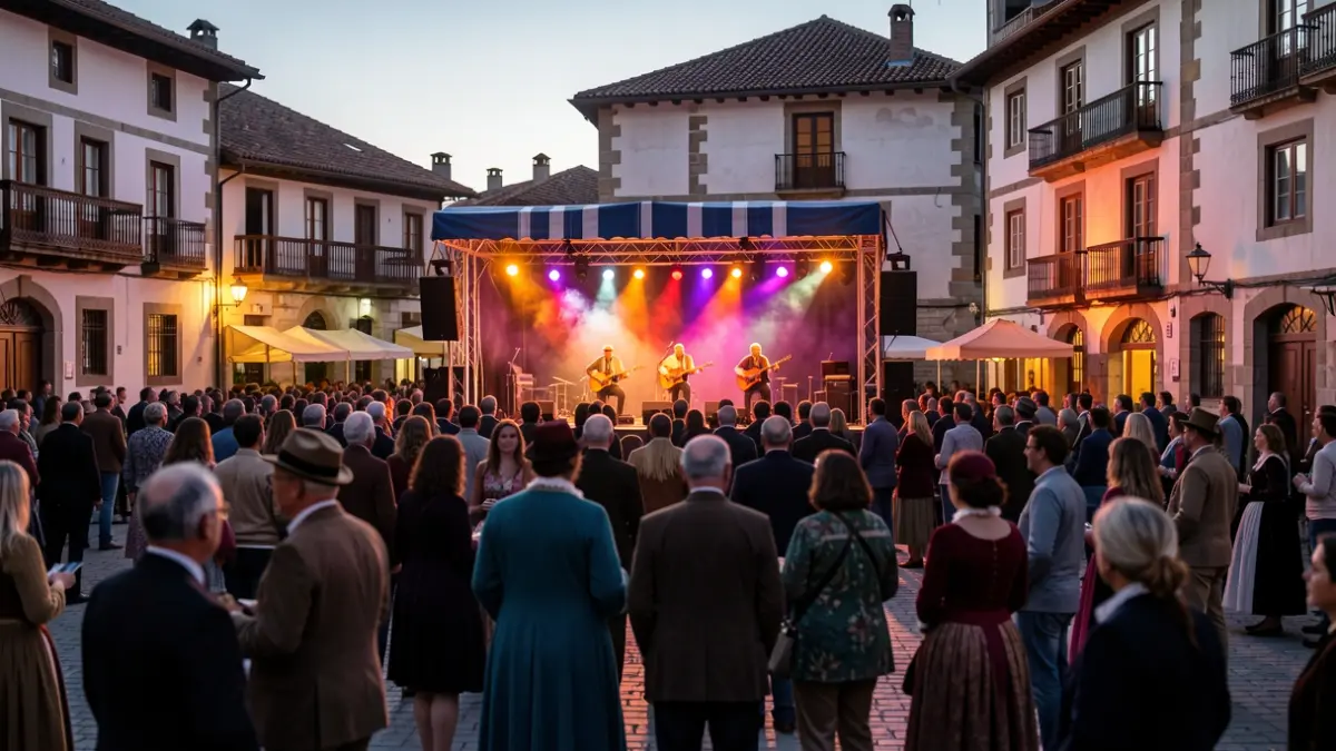 Generic image: A folk festival in a Basque Country town at dusk, with blurred musicians and crowd.