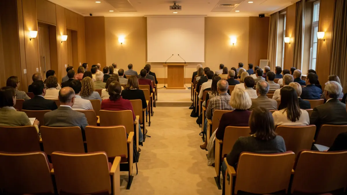 Generic image: A lit lecture hall in Euskadi, with empty chairs and microphones.