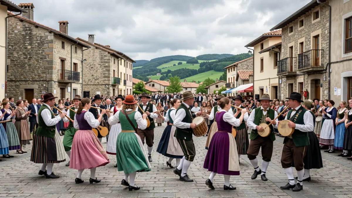 Escena de festival vasco tradicional, con gente bailando la 'zahagi dantza' y músicos alrededor.