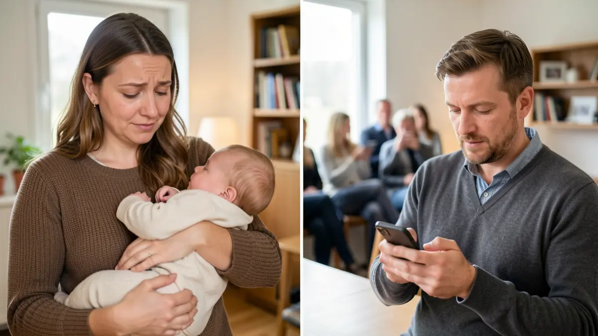 Generic image: mother with baby and father with phone.