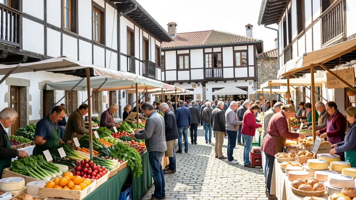 Imagen genérica: Mercado de agricultores en una plaza del País Vasco, con productos frescos y gente.