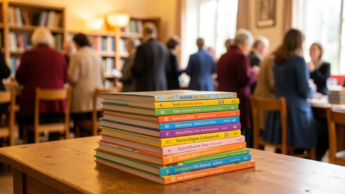 A stack of colorful books on a table, with soft light.