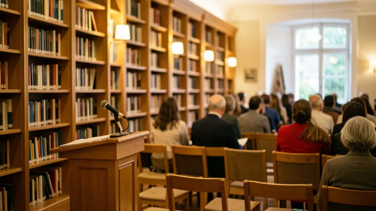 Imagen genérica: interior de biblioteca iluminado, con libros en estanterías y un espacio preparado para una charla.
