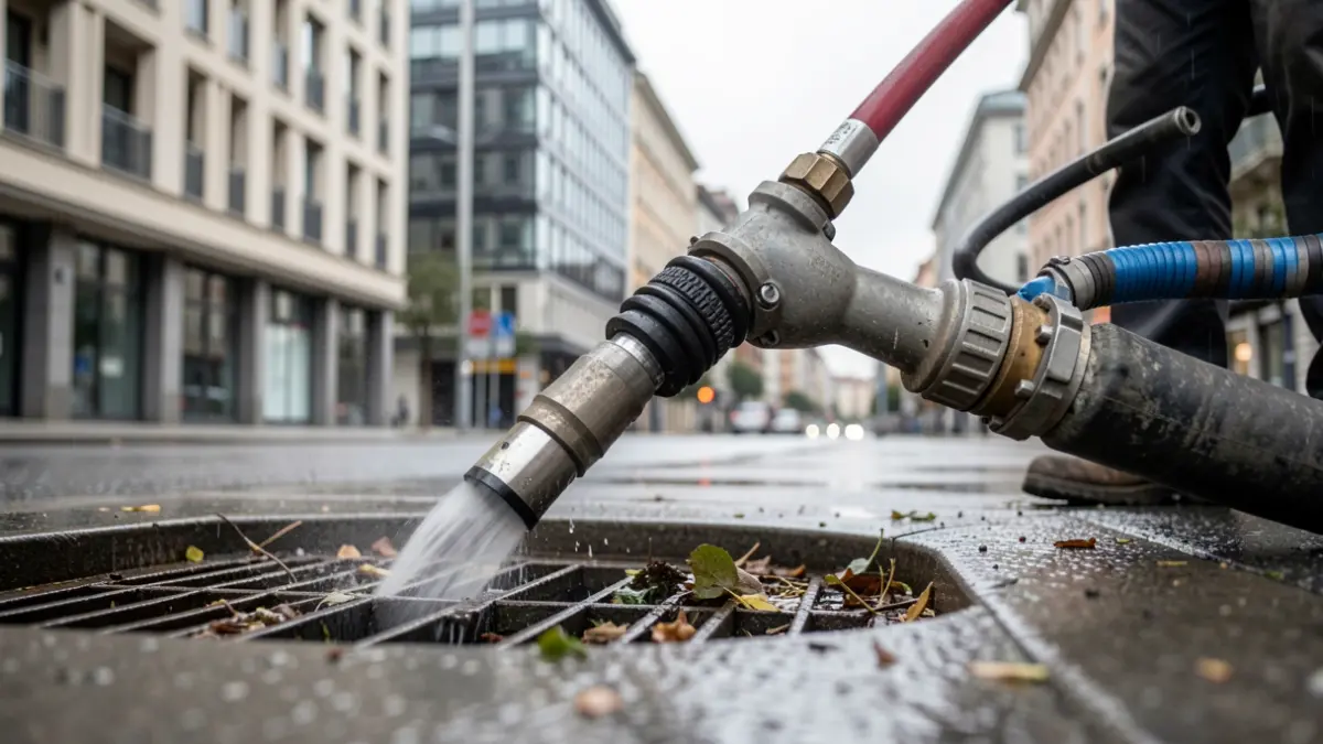 Vitoria-Gasteizko kale busti batean ur-hodi industrial baten hurbileko irudia, drainatze-sistemak garbitzen ari direla.