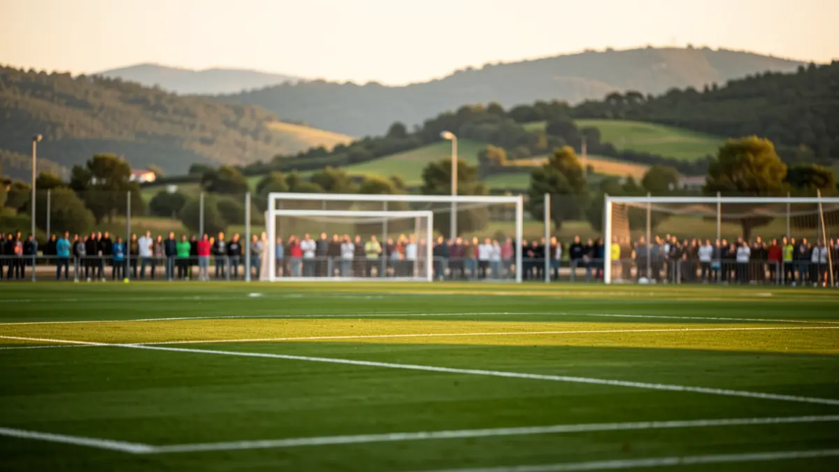 Txerloia football pitch at sunset, with green hills in the background.