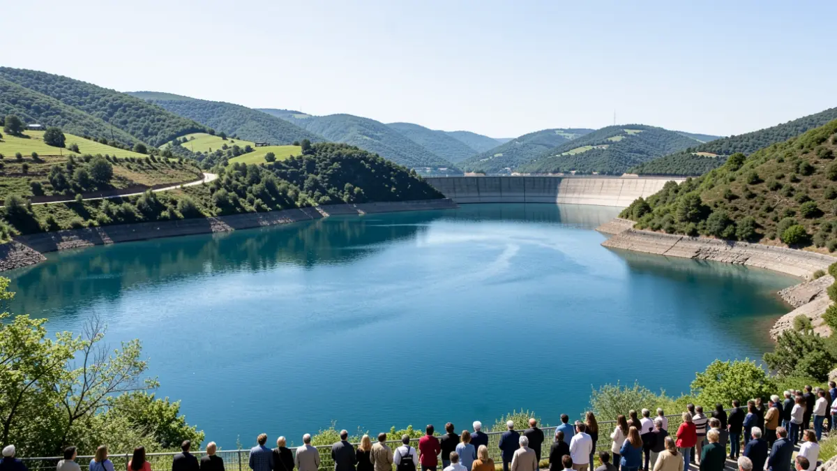 Vista escénica del embalse de Añarbe, con agua clara reflejando las colinas verdes circundantes y una sección de la presa.