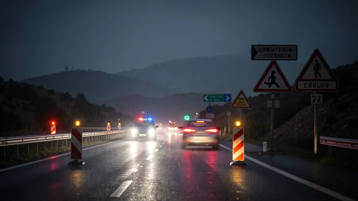 Irudi generikoa da, baina errepide itxiera bat erakusten du gauez, argi gorri eta horiekin.