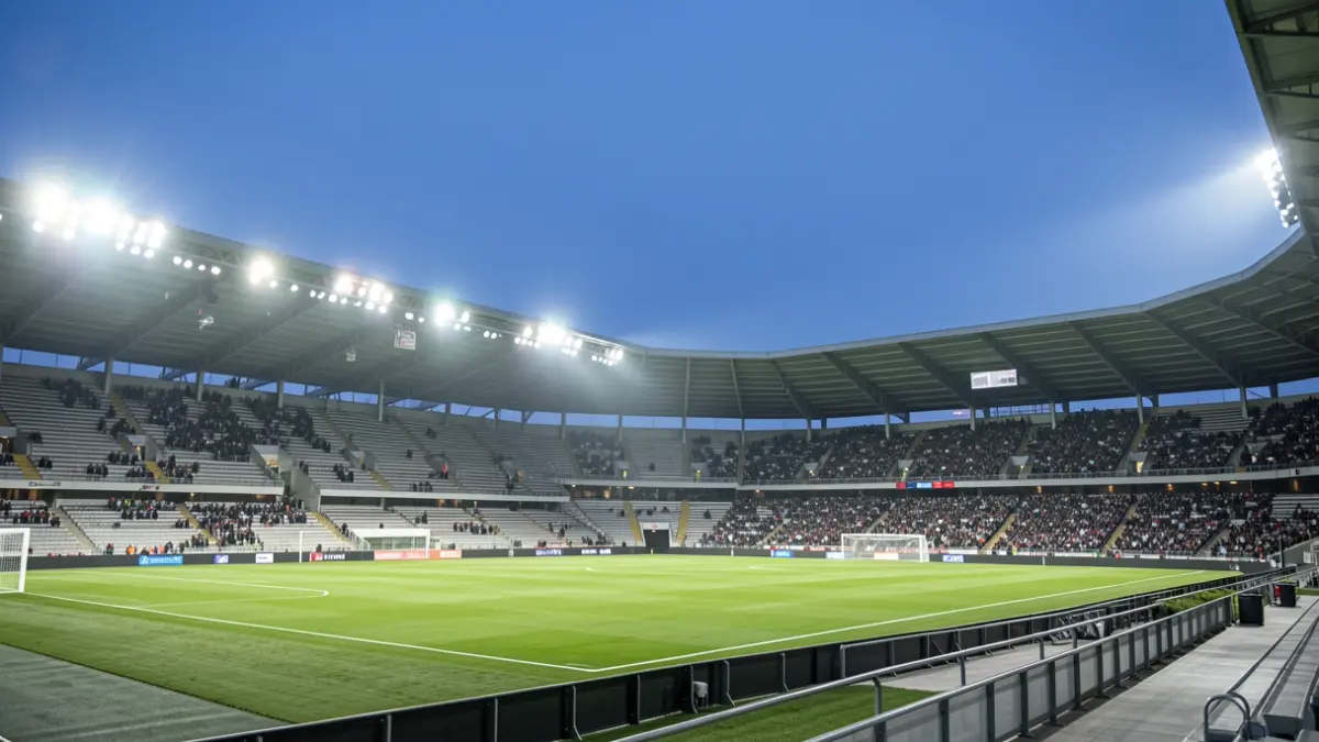 Exterior of the Aranbizkarra football field with LED floodlights illuminating the pitch at dusk.