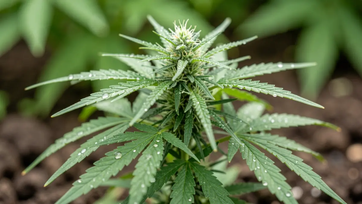 Marihuana landare baten hurbileko irudia, hostoetan ihintz tantaekin.