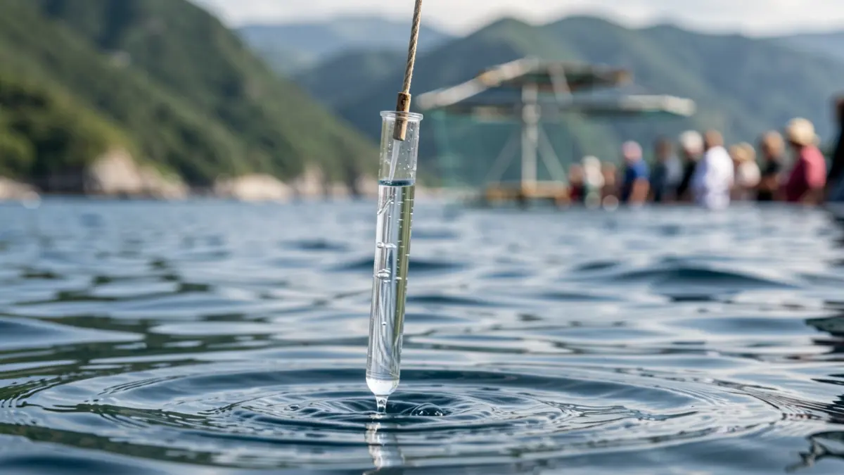 Close-up image of a boat collecting a seawater sample near the Itsas Balfegó facility, with green coastal mountains and a blurred aquaculture structure in the background.