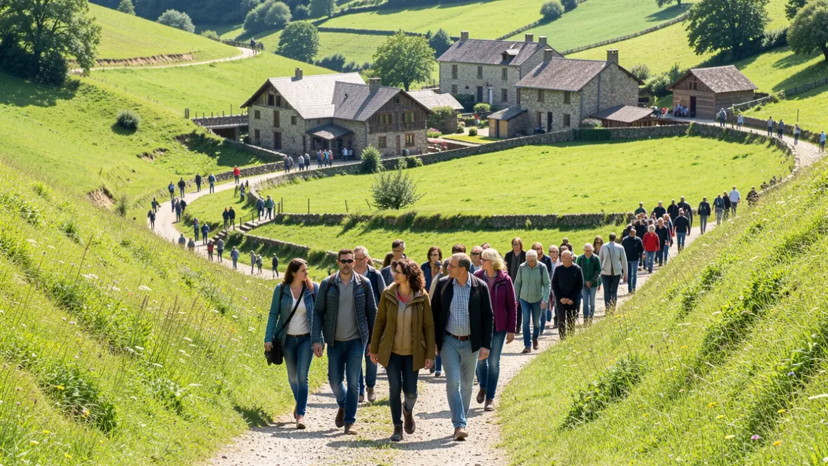 Generic image of a community walk in a Basque valley, featuring traditional architecture and a reflective atmosphere about the future.