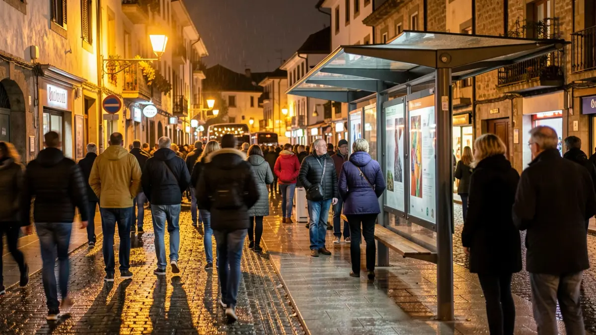 Generic image: Night, a bus stop in a Basque town, artificial lights and people waiting.