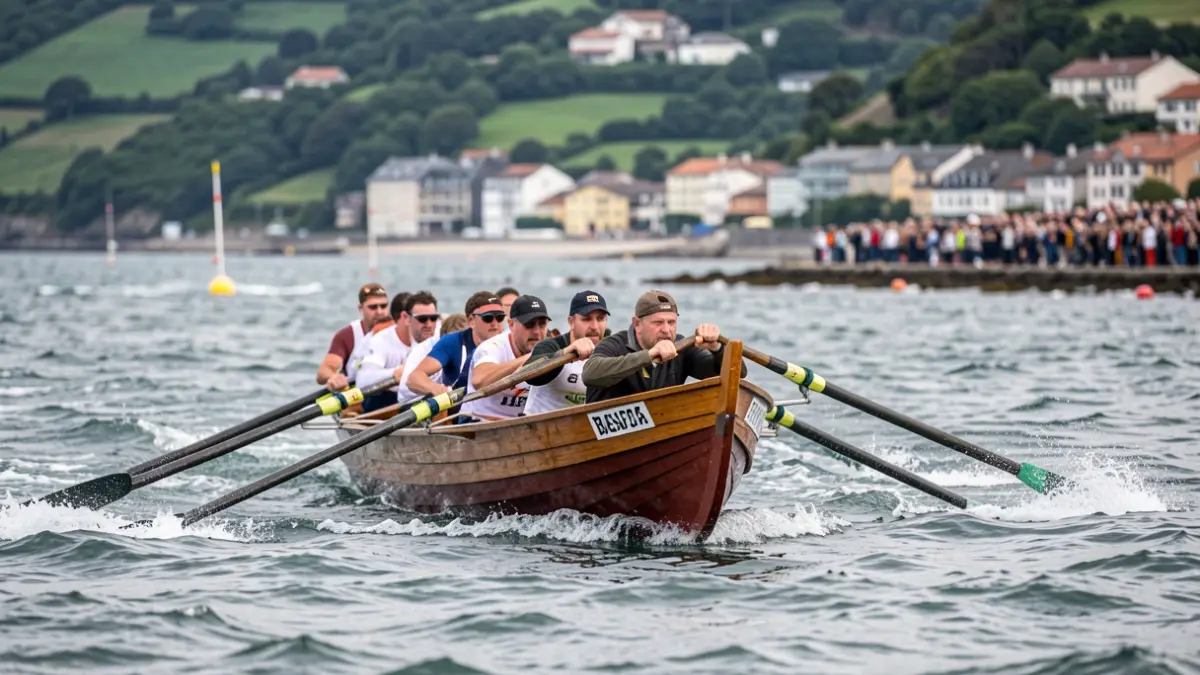 Photograph showing the Arraun Lagunak rowing boat winning the Kontxako Bandera.
