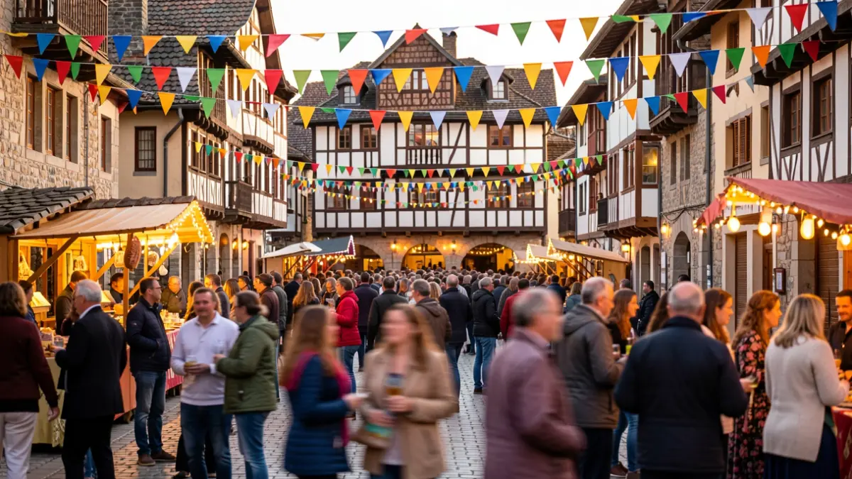 Generic image: Festive atmosphere in a Basque town square, with blurred figures of people and traditional architecture.