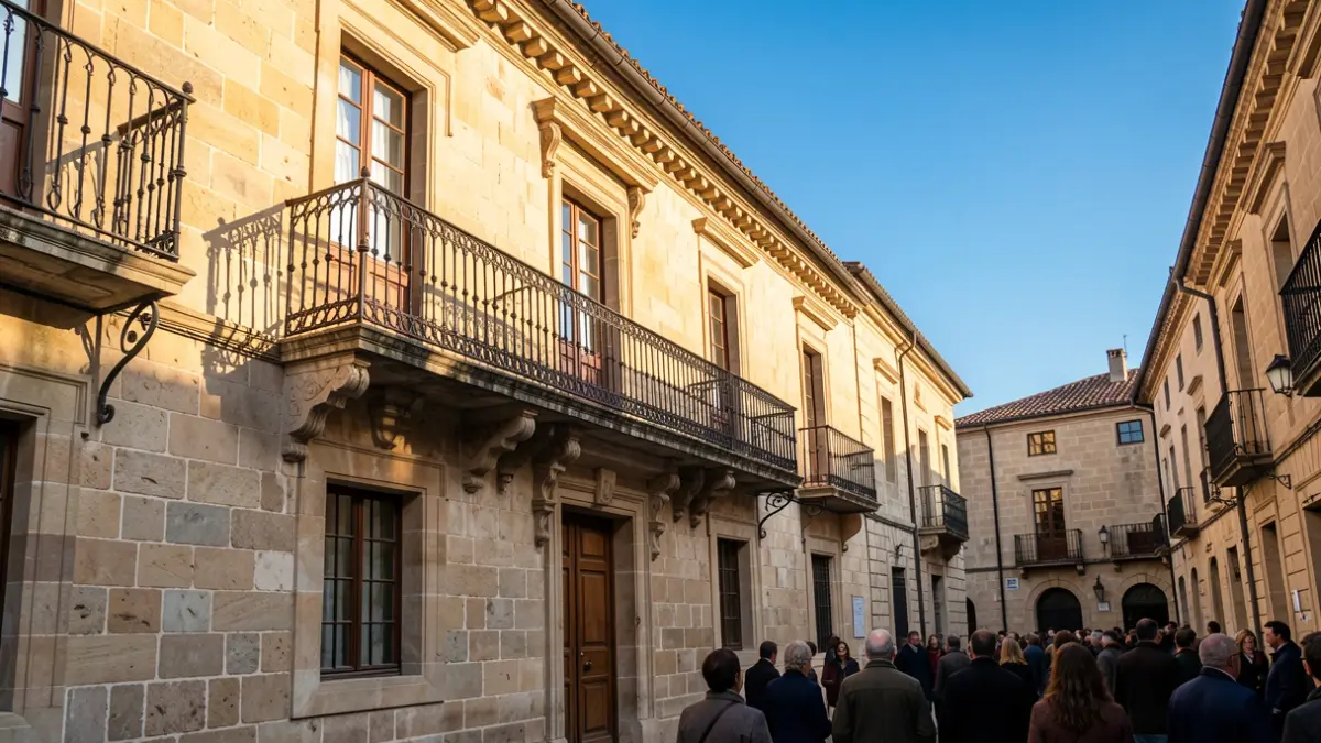 Generic image of a stone town hall facade in Arrigorriaga with a balcony and iron railings, afternoon sunlight casting shadows.