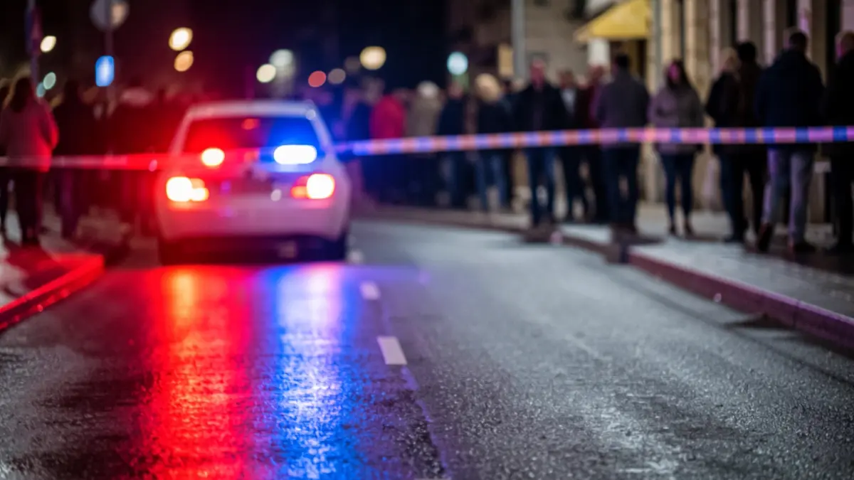 Generic image: red and blue lights on wet asphalt at night.