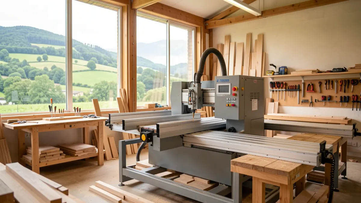Interior view of a modern carpentry workshop with advanced machinery and views of green hills.