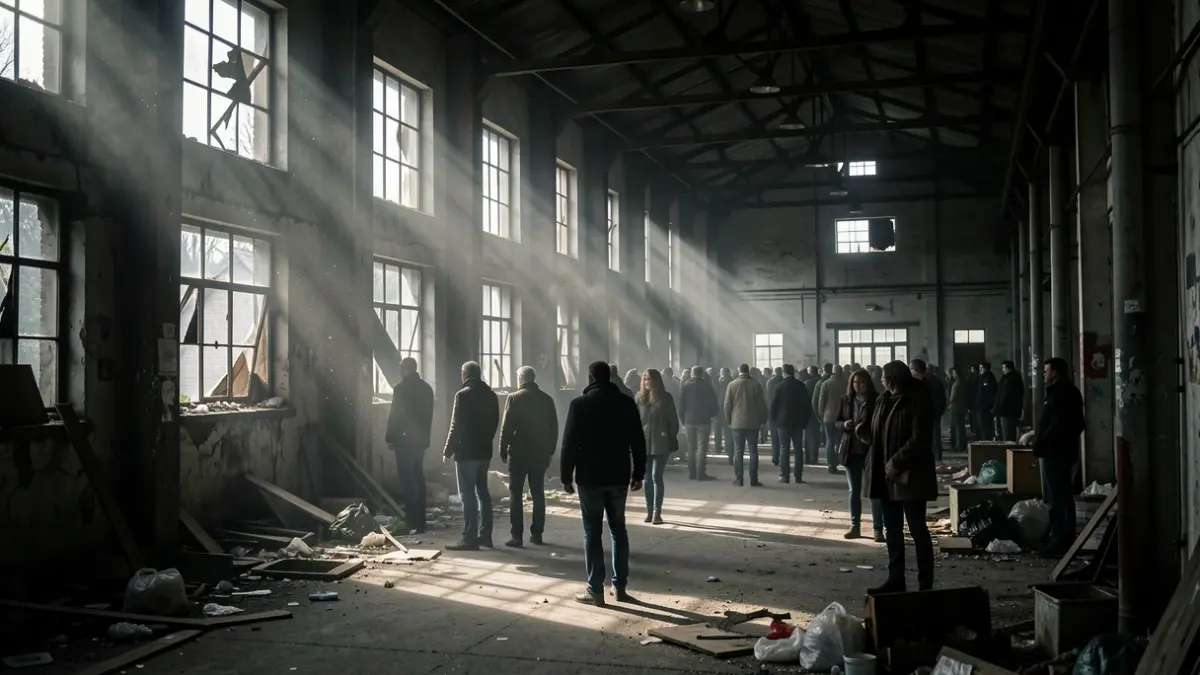 Generic image: Interior of a dark, abandoned factory where shafts of light illuminate dust and debris.