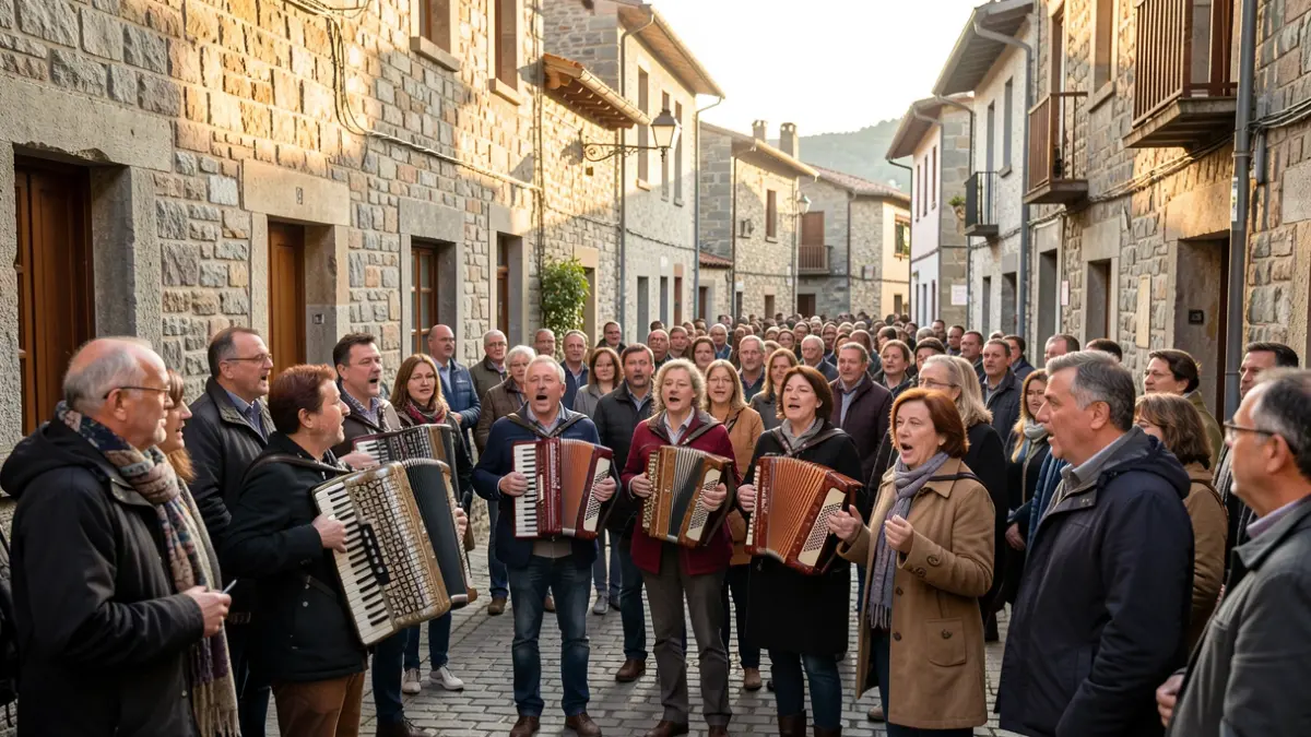 A group of people singing with an accordion through the streets of a Basque town, traditional stone architecture, warm afternoon light.