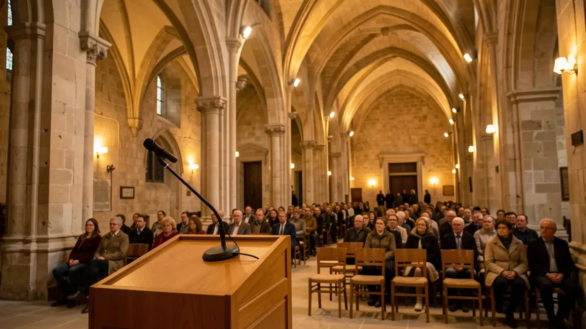 Katedral baten barrualdea, argiztapen epelarekin eta kultur ekitaldi baterako prestatutako eszenatokia.