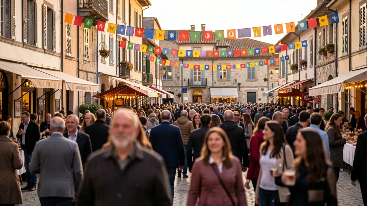 Generic image: Colorful Basauri square, festive crowd, warm light.