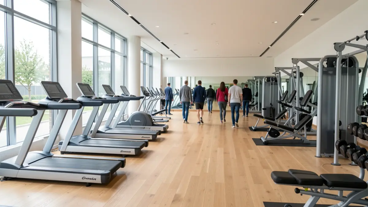 Interior de un centro deportivo y de salud con equipamiento moderno.