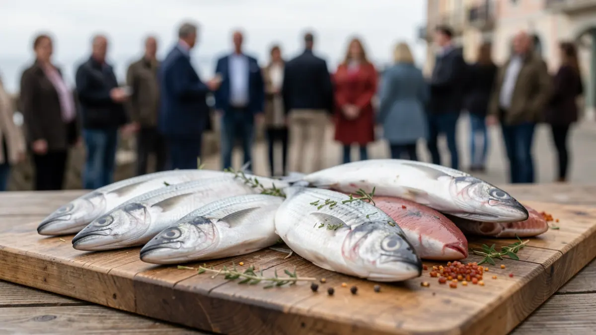 Imagen de primer plano de pescado fresco del mar, sobre una tabla de madera.