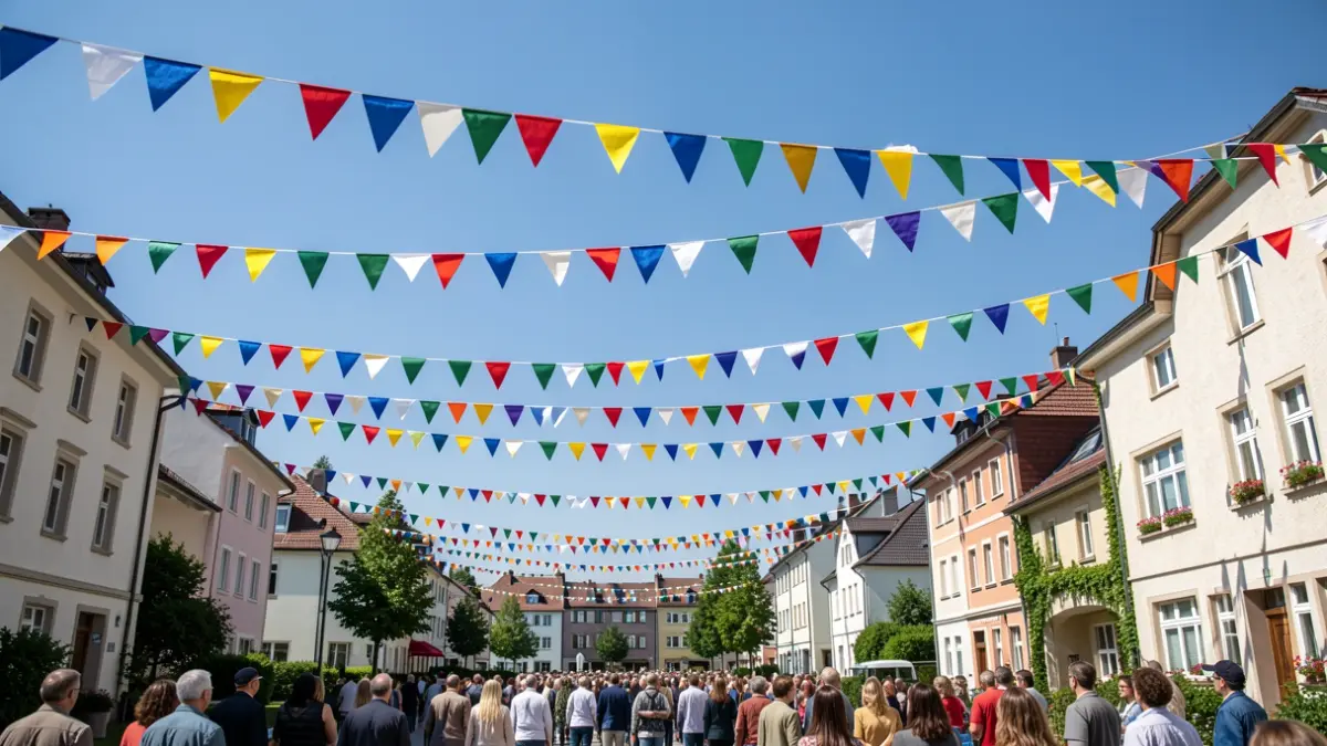 Generic image of festive flags against a blue sky.
