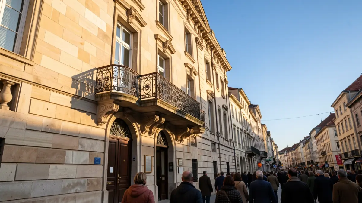 Irudi generikoa Euskadiko udaletxe baten harrizko fatxada, balkoi eta burdin hesiz apaindua, arratsaldeko eguzki beroak itzalak botatzen harri gainean, zeru urdina.