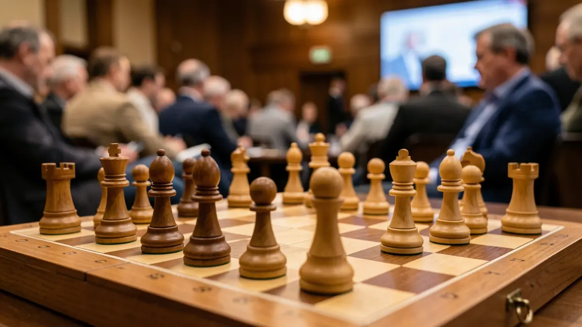 Chess pieces on a board during a tournament.