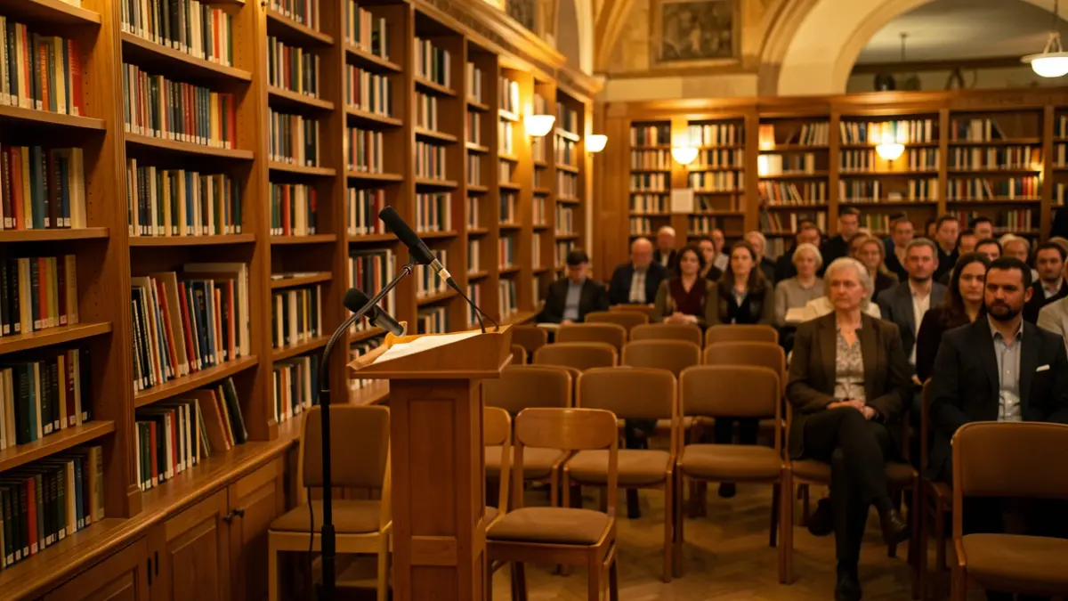 Imagen genérica de un interior de biblioteca con un micrófono en un podio.